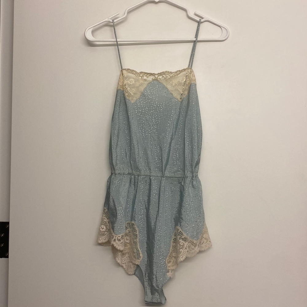 Dior Light Blue and Cream Lace Trim Satin Romper